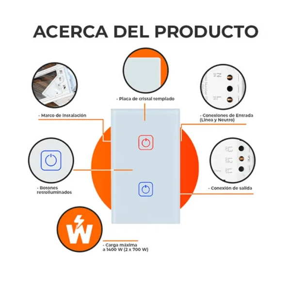 APAGADOR TOUCH CON 2 BOTONES COLOR BLANCO - Imagen 2
